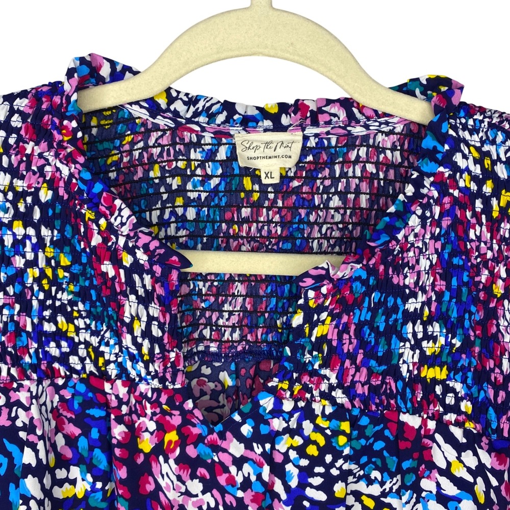 Shop The Mint XL Smocked Flutter Sleeve Abstract Leopard Print Blouse MultiColor - Picture 4 of 11